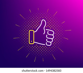 Like hand line icon. Halftone pattern. Thumbs up finger sign. Gesture symbol. Gradient background. Like hand line icon. Yellow halftone pattern. Vector