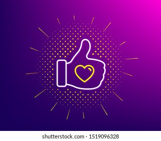 Like hand line icon. Halftone pattern. Thumbs up finger sign. Brand ambassador gesture symbol. Gradient background. Like hand line icon. Yellow halftone pattern. Vector