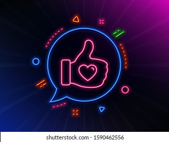 Like hand line icon. Neon laser lights. Thumbs up finger sign. Brand ambassador gesture symbol. Glow laser speech bubble. Neon lights chat bubble. Banner badge with like hand icon. Vector