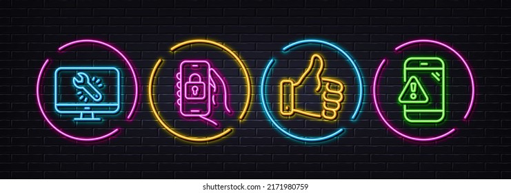 Like hand, Locked app and Monitor repair minimal line icons. Neon laser 3d lights. Warning message icons. For web, application, printing. Thumbs up, Smartphone lock, Computer service. Vector