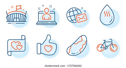 Like hand, Love letter and Arena signs. Best manager, Brazil nut and Hot water line icons set. World mail, Bicycle symbols. Best developer, Vegetarian. Business set. Outline icons set. Vector