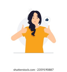 Like hand sign, public approval, Ok, feedback, agree, support, joy, happy woman approving showing thumbs up concept illustration