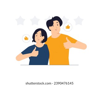 Like hand sign, public approval, Ok, feedback, agree, support, joy, happy couple approving showing thumbs up concept illustration