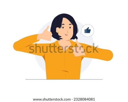 Like hand sign, public approval, Ok, feedback, agree, support, joy, woman approving and showing Thumbs Up with both hands smiling and happy for success concept illustration