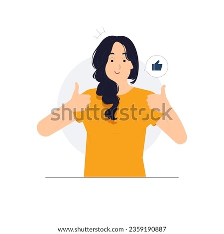 Like hand sign, public approval, Ok, feedback, agree, support, joy, happy woman approving showing thumbs up concept illustration