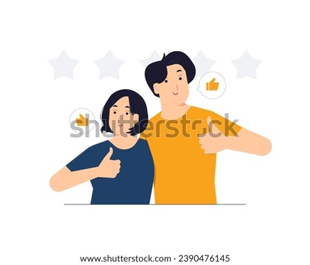 Like hand sign, public approval, Ok, feedback, agree, support, joy, happy couple approving showing thumbs up concept illustration