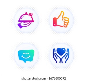 Like hand, Smile chat and Restaurant food icons simple set. Button with halftone dots. Hold heart sign. Thumbs up, Happy face, Room service. Friendship. People set. Vector