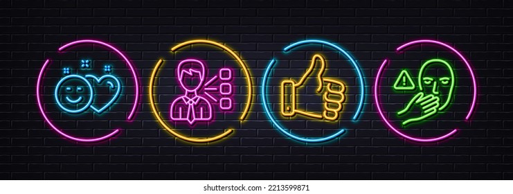 Like hand, Smile and Third party minimal line icons. Neon laser 3d lights. Dont touch icons. For web, application, printing. Thumbs up, Social media like, Team leader. Clean hand. Vector