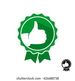 Like hand with stamp symbol logo. Green color style seal stamp with two ribbons.