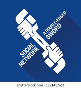 Like hands hold a double-edged sword. Concept for: social network is a double-edged sword