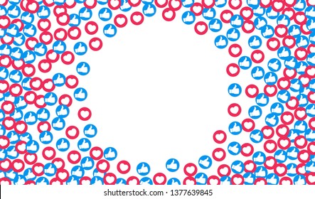 Like and Heart background. Social nets blue thumb up like and red heart web buttons. Network icons for live stream video chat likes design template. Vector