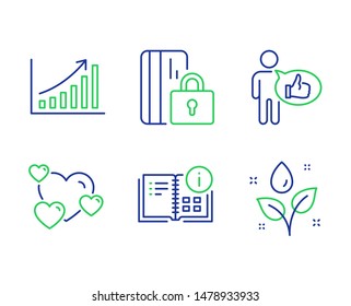 Like, Heart and Blocked card line icons set. Instruction info, Graph chart and Plants watering signs. Thumbs up, Love rating, Private money. Project. Business set. Line like outline icons. Vector