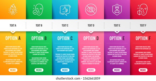 Like, Heart flame and Not looking line icons set. Infographic timeline. Security agency, Health skin and Face protection signs. Thumbs up, Love fire, Eye care. People protection. People set. Vector