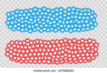Like and Heart icon. Live stream video, chat, likes. Social nets blue thumb up like and red heart web buttons isolated on white background. Vector illustaration
