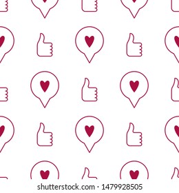 Like and heart icon seamless pattern background. Vector illustration.Thumb up and heart seamless background. - Vector