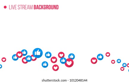 Like and heart icons for live stream video chat likes background vector design template. Social nets blue thumb up like and red heart web buttons isolated on white background