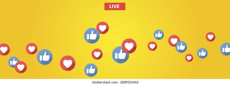 Like and heart icons for live stream video chat likes background vector design template. Social nets blue thumb up like and red heart web buttons isolated on yellow background