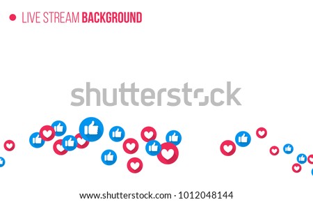 Like and heart icons for live stream video chat likes background vector design template. Social nets blue thumb up like and red heart web buttons isolated on white background