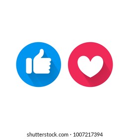 Like and heart icons template for social nets or live video chat app web design. Vector isolated blue thumb up like and red heart buttons set