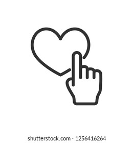 like, heart and index finger, click. linear icon. hand with finger and arrow. Line with editable stroke