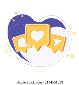 Like heart and message icon in speech bubble. Notification icon. Social network flat vector illustration. Symbol for website, web landing page, banner, app, flyer, business or advertising.