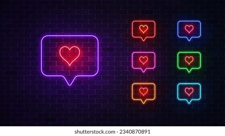 Like heart neon icon set. Glowing bubble frame. Vector illustration