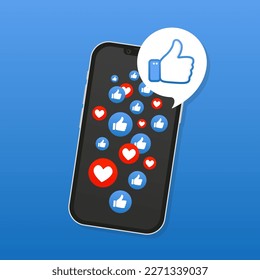 Like and Heart on a smartphone. Thumbs up. Flying hearts. Red hearts of different sizes fly away. Social nets blue thumb up. Social media concept. Blogging. Vector illustration