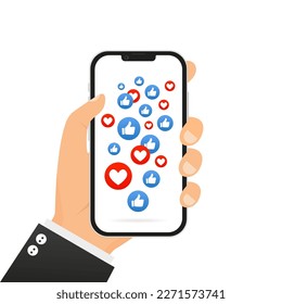 Me gusta y corazón en un smartphone. Altibajos. Corazones voladores. Los corazones rojos de diferentes tamaños vuelan. Las redes sociales son un pulgar azul. Concepto de medios sociales. Blogueando. Ilustración del vector