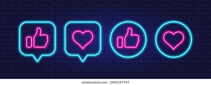 Like and heart. Thumbs up and heart. Neon style image. Vector illustration