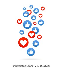 Like and Heart. Thumbs up. Flying hearts. Red hearts of different sizes fly away. Social nets blue thumb up. Social media concept. Blogging. Vector illustration