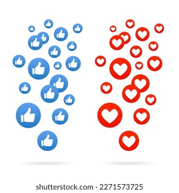 Me gusta y corazón. Altibajos. Corazones voladores. Los corazones rojos de diferentes tamaños vuelan. Las redes sociales son un pulgar azul. Concepto de medios sociales. Blogueando. Ilustración del vector