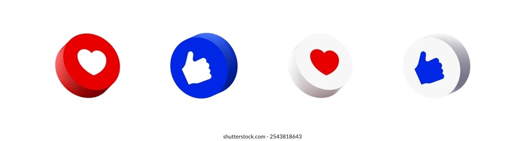 Like heart and thumb-up 3D buttons. Social media icons with heart and thumbs-up symbols