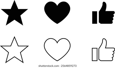 like heat and star icon set buttons isolated on transparent background. Like button thumb up love shape, reaction on social media icon button. Vector flat and line collection