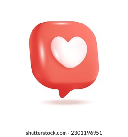 Like icon 3d vector illustration. Heart symbol in red bubble for social media or applications in cartoon style isolated on white background. Online communication, digital marketing concept