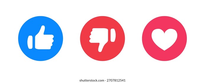 Como un icono. Reacciones circulares con los pulgares y la marca de amor para el símbolo del Comentarios. Elementos de respuesta social limpios para el Vector de calificación e interacción. Las opciones positivas y negativas para las reacciones de la IU indican.