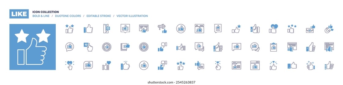 Like icon collection. Bold line style. Duotone colors. Editable stroke. rating, love, thumbs up, approved, feedback, disagreement, like, ethical marketing.