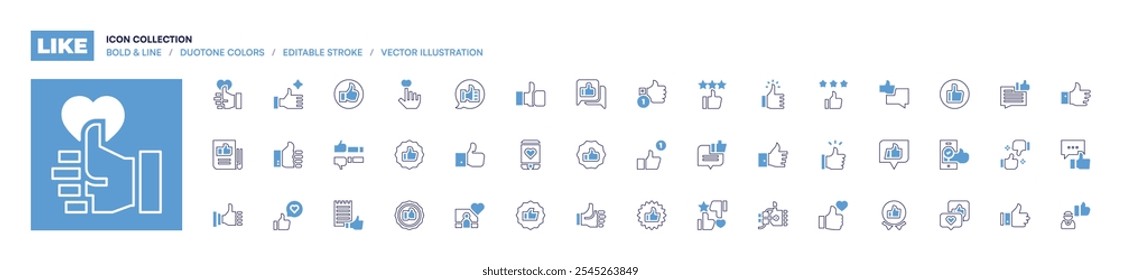 Like icon collection. Bold line style. Duotone colors. Editable stroke. like, thumbs up, like gesture, sticker, thumb up, marketing, rate, robotic hand, mobile, recommended.