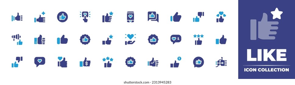 Like icon collection. Duotone color. Vector illustration. Containing thumbs up, like, rating, mobile, feedback, ethical marketing, satisfaction, heart, recommended, rate, disagreement, best price.