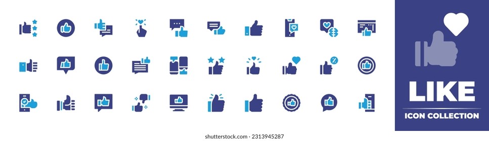 Like icon collection. Duotone color. Vector illustration. Containing like, rating, love, comment, smartphone, brain, thumbs up, successful, chat, review, good, approved, praise, feedback, social.