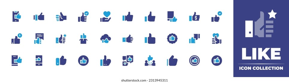 Like icon collection. Duotone color. Vector illustration. Containing like, thumb up, thumbs up, love, best price, acknowledgement, feedback, cloud computing, good quality, social media, reaction.