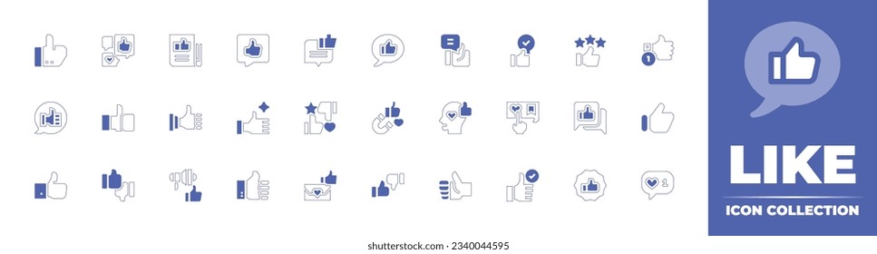 Like icon collection. Duotone style line stroke and bold. Vector illustration. Containing like, reaction, thumb up, speech bubble, like gesture, thumbs up, marketing, magnet, and more.