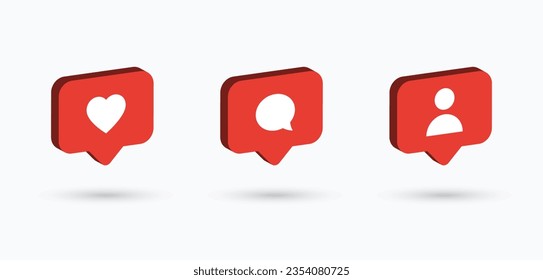 como iconos, comentarios, símbolos de iconos de seguidores - iconos de notificación de medios sociales en burbuja de voz 3d ; icono del amor al corazón. burbujas de chat favoritas red social post reacciones colección set. ilustración vectorial