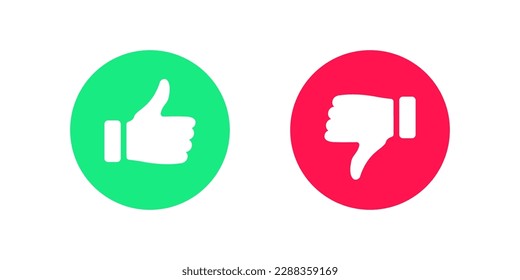 Like icon. Dislike symbol. Thumb up signs. Positive, negative symbols. Ok, good icons. Green, red color. Vector isolated sign.