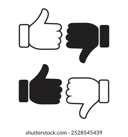 Me gusta el icono y no me gusta. Pulgares arriba y pulgares abajo. Color negro. Concepto moderno. Diseño de línea delgada de contorno de trazo simple. Conjunto de iconos vectoriales aislados en blanco