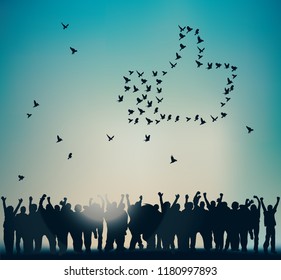Like icon of flying birds in sky and group happy people