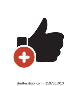 Like icon, gestures icon with add sign. Like icon and new, plus, positive symbol. Vector illustration