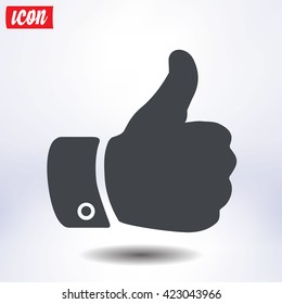 Like  icon. Hand finger up sign. Thumb up symbol. Flat design style. 