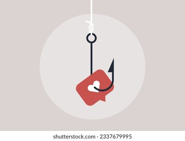 A like icon hanging on a fishing hook, dangerous manipulations in relationships, social media addiction