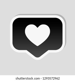 Like icon, heart in notification cloud, social symbol. Sticker style with white border and simple shadow on gray background