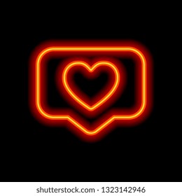 Like icon, heart in notification cloud, social symbol. Orange neon style on black background. Light icon